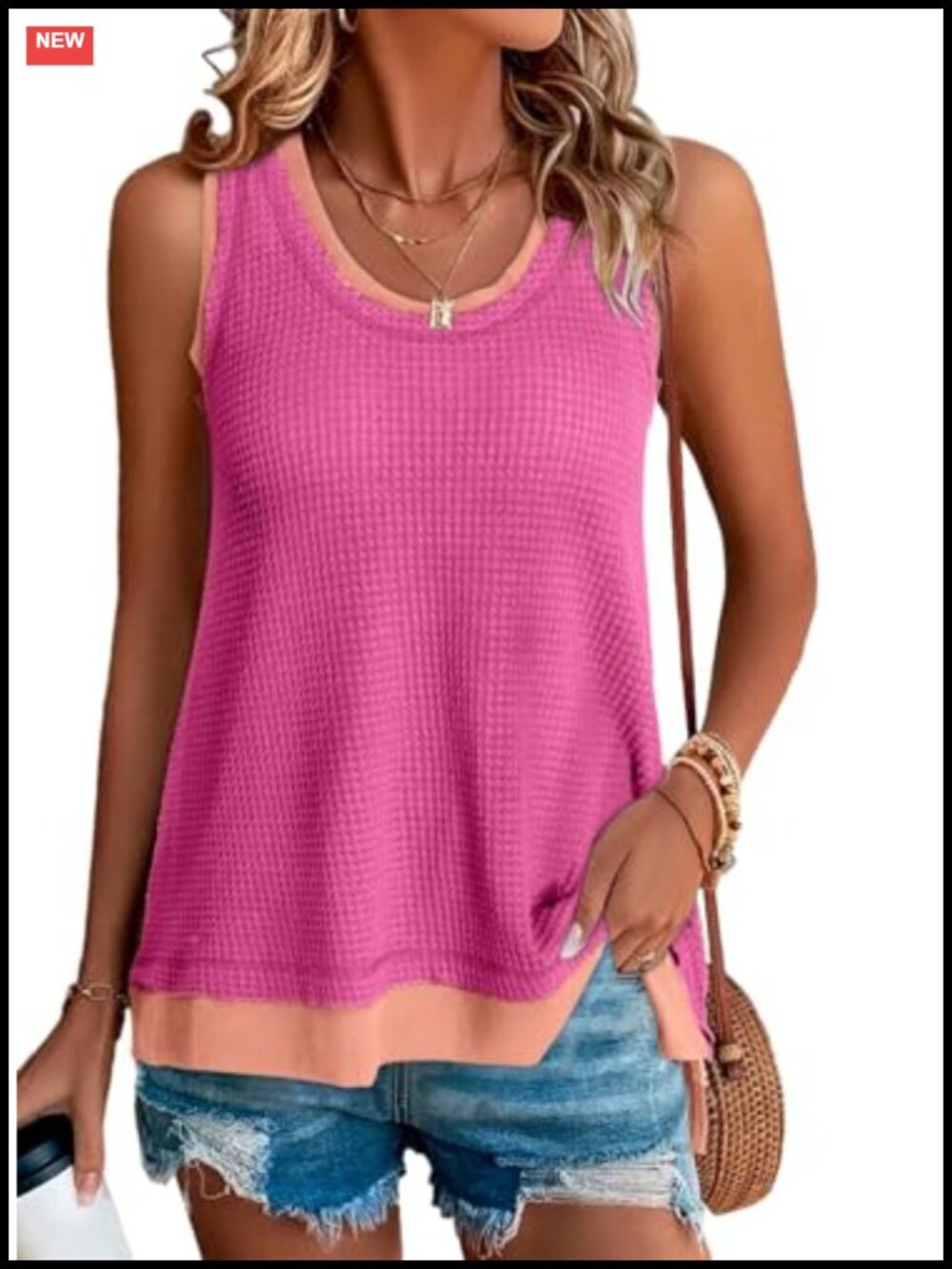 Women's Waffle Knit Tank Top Sleeveless Scoop Neck Loose Fit Cami